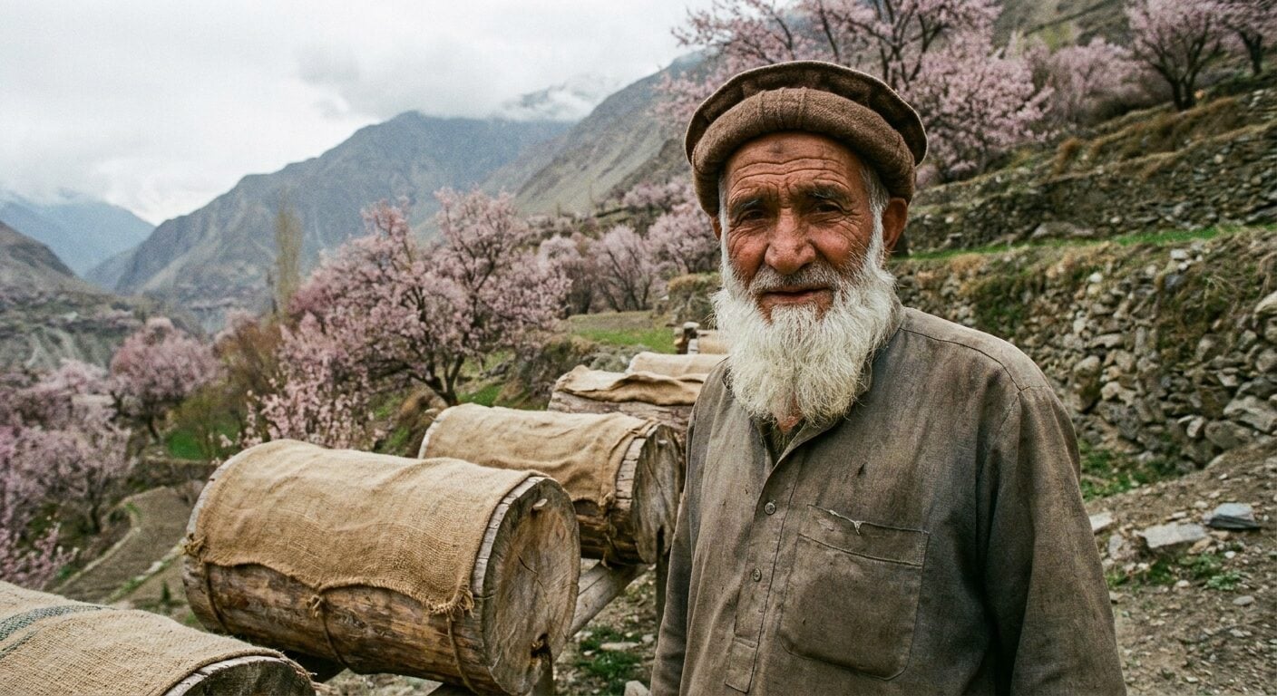 Sher Wali Khan beside log hives on a terraced Chitral hillside