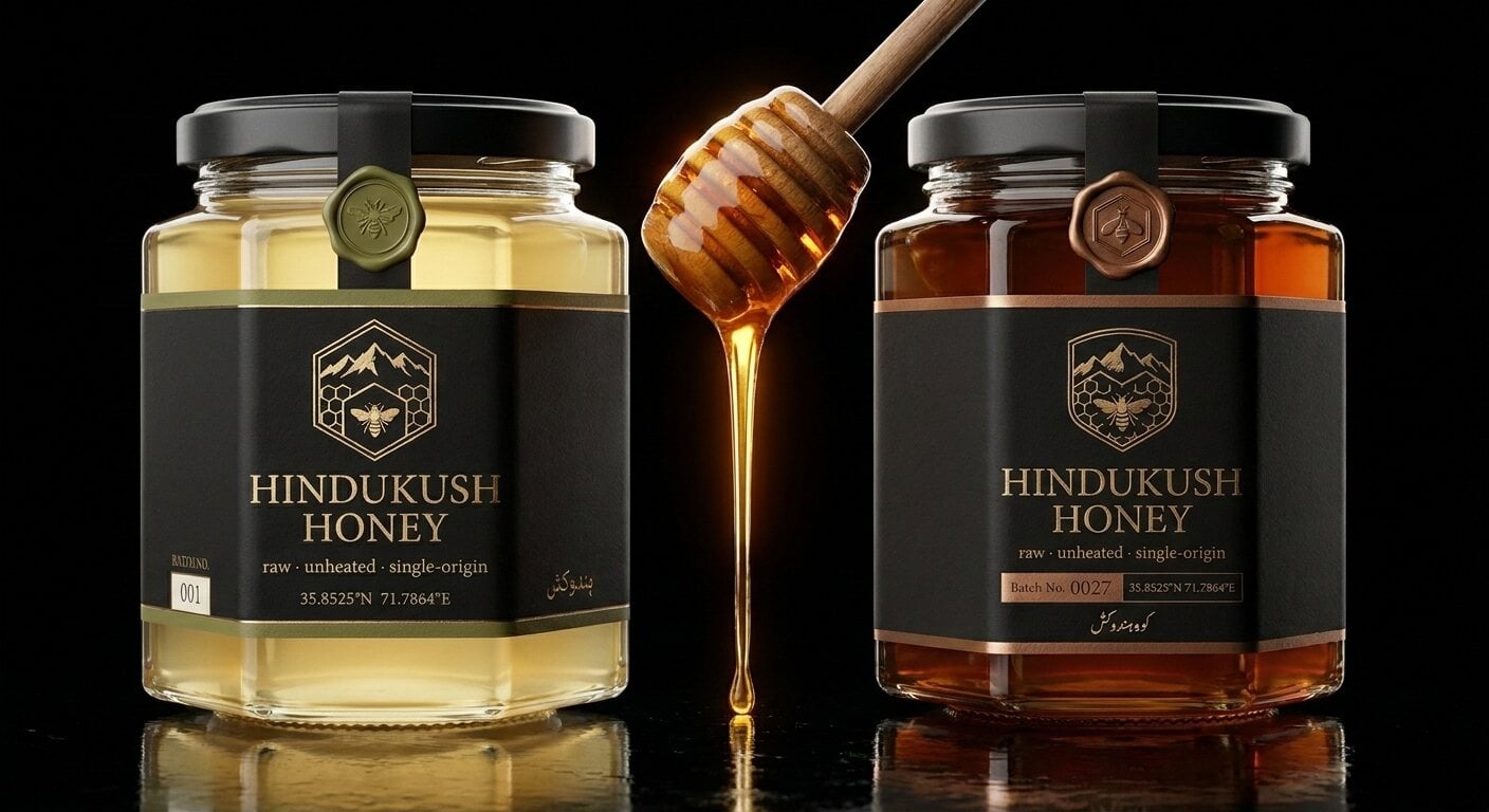 Two hexagonal jars of Hindukush Honey staged together, black and gold labels