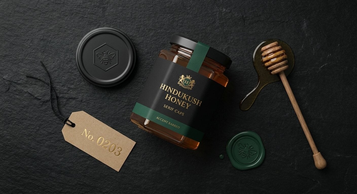 Flat lay of Hindukush Honey jars with packaging