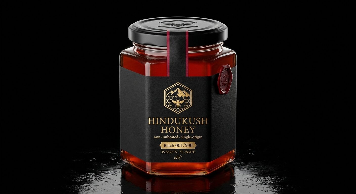 Tumberi — hexagonal jar of Hindukush Honey, black label with gold foil