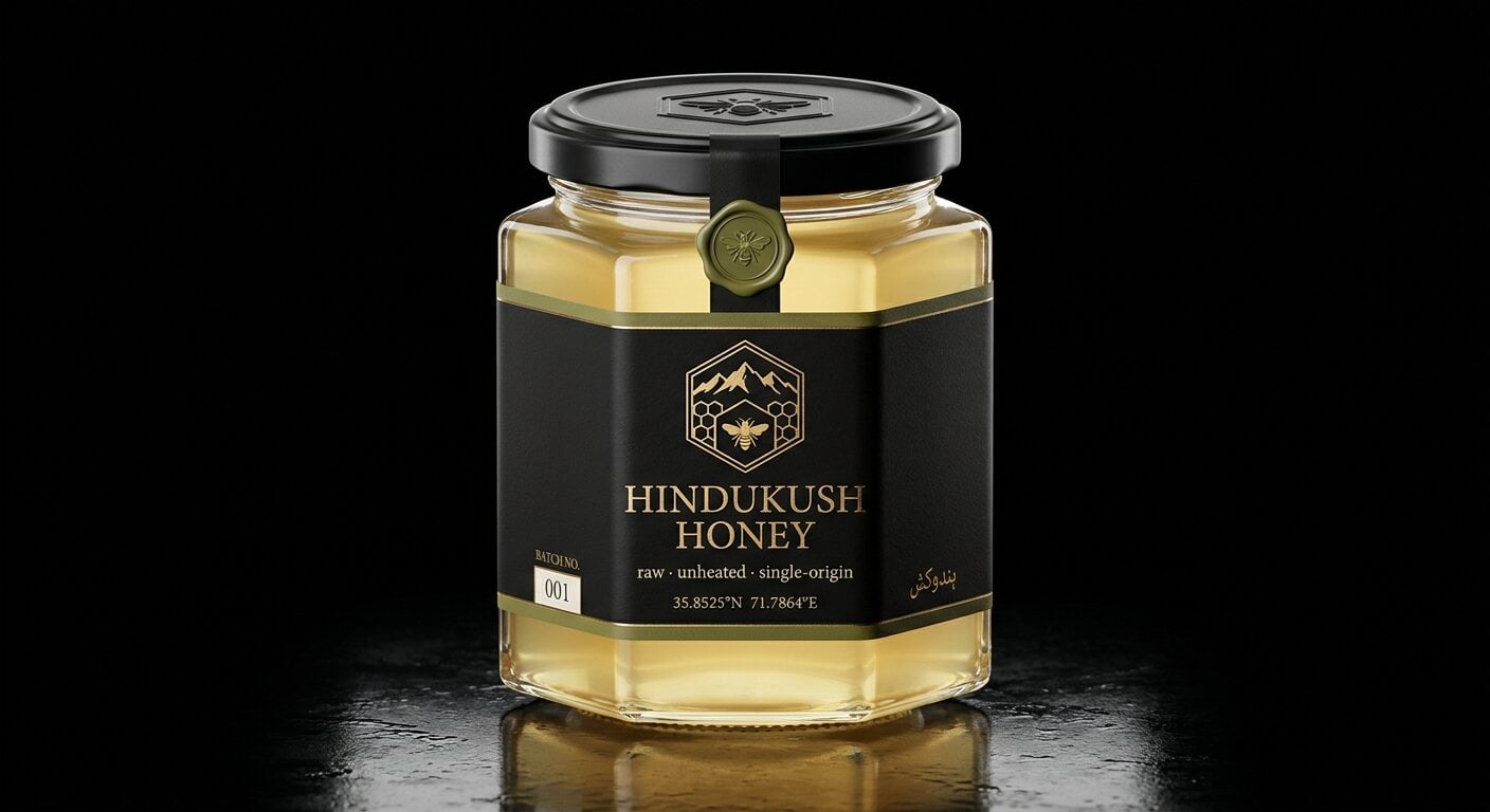 Zaytoon — hexagonal jar of Hindukush Honey with black and gold foil label